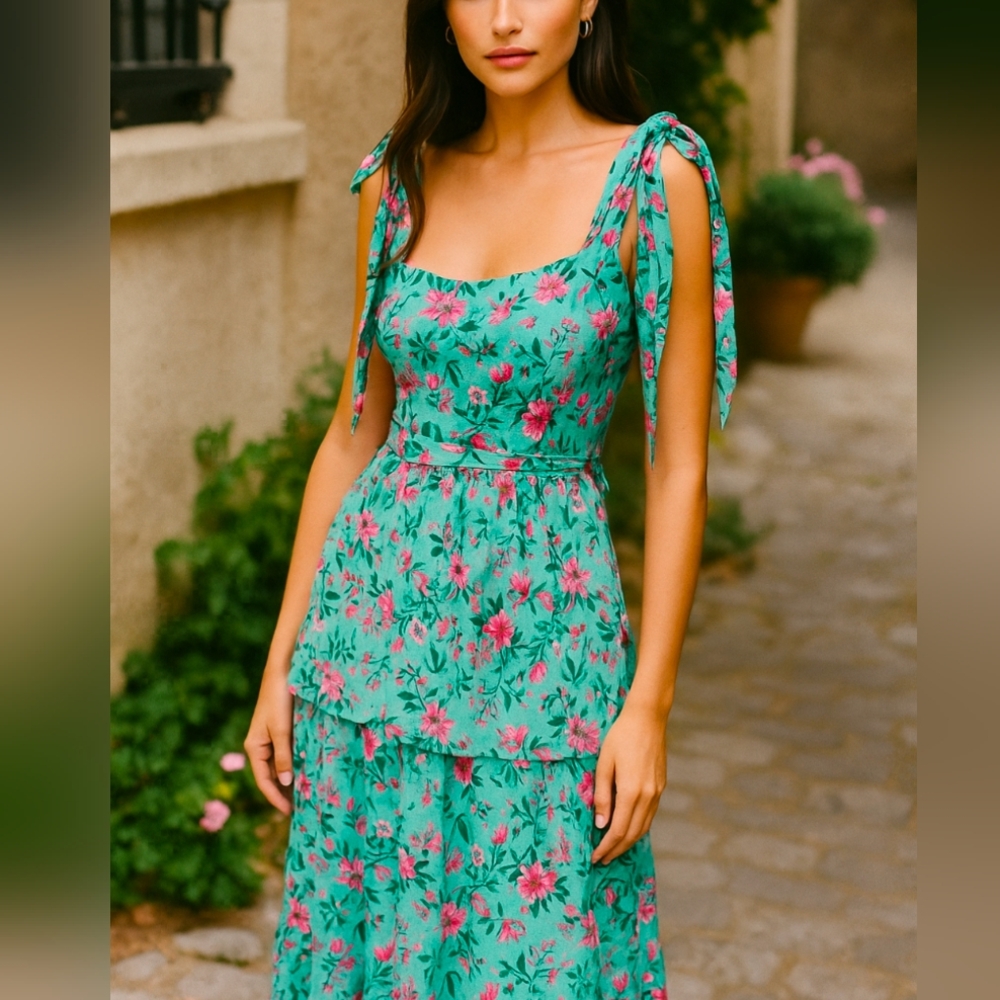 SUE SARTOR Floral green Maxi Dress Large